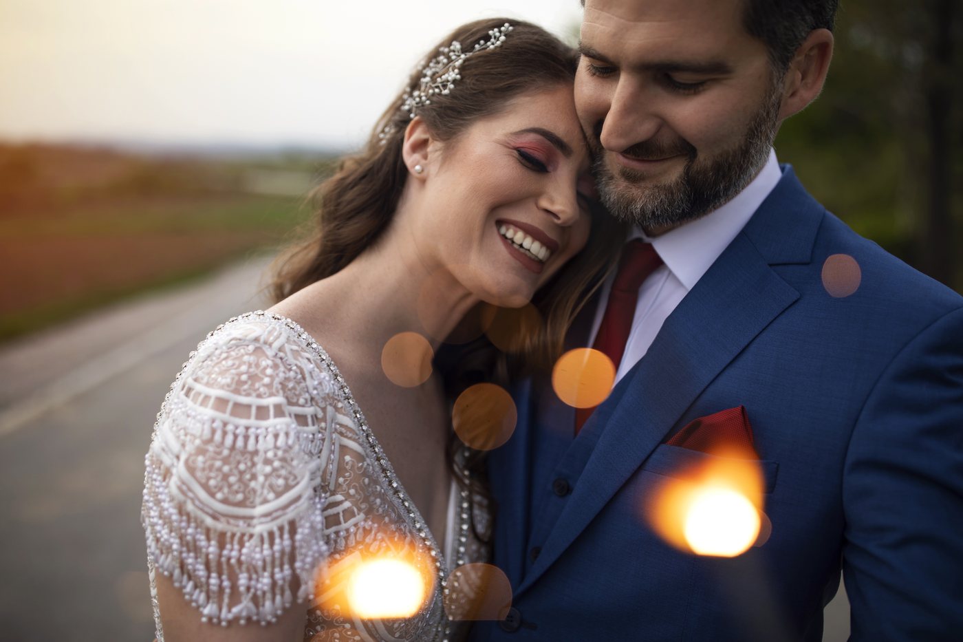 Happy newlyweds embracing